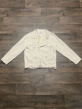J.O.A. Moto Jacket Size Medium Cream Linen Blend Woven Lapel Zip Neutral Biker